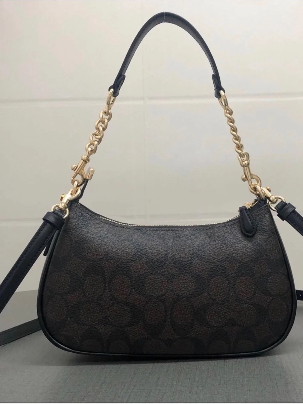 Coach Dark Brown Signature Canvas Shoulder Bag with Gold Hardware